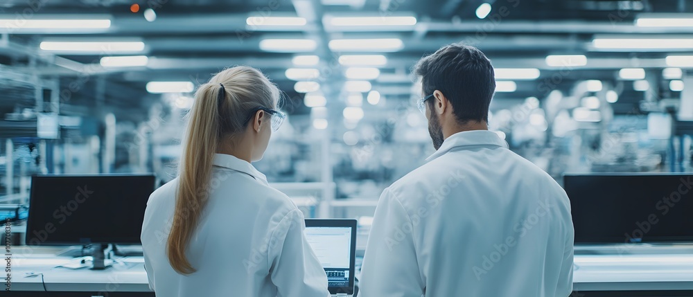 Aufkleber Scientists Collaborating in a Modern Laboratory Setting, Analyzing Data on a Laptop with Advanced Technology in the Background, Showcasing Innovation and Teamwork