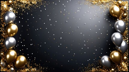 A stylish background featuring gold, and silver balloons along with shimmering gold confetti on a dark backdrop. The image includes ample copy space in the center, ideal for text overlays