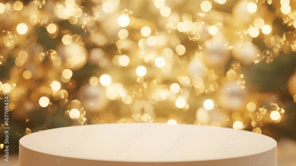 Poster A round white pedestal is set in front of a blurred backdrop of shimmering golden lights, creating a magical atmosphere. Perfect for showcasing holiday decorations or products during festive events.