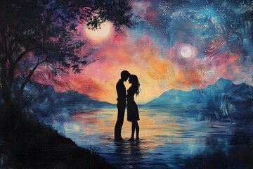 Romantic scene with a couple sunset or moonlit sky 2D cartoon style beautiful scenery love