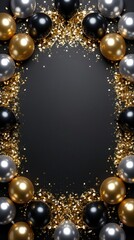 A vertical arrangement of black, gold, and silver balloons on a dark background with scattered gold confetti, with copy space for text