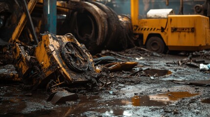 Fototapeta premium Industrial site aftermath, shattered machinery scattered, silence envelops the area, a stark reminder of unforeseen hazards and consequences
