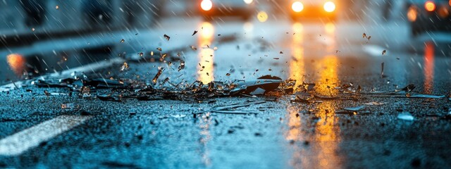 Wet road aftermath, skid marks and scattered debris, evidence of a serious crash, desolate scene devoid of people