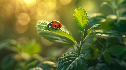 A close-up of a ladybug on a fresh green leaf in the spring sunshine.