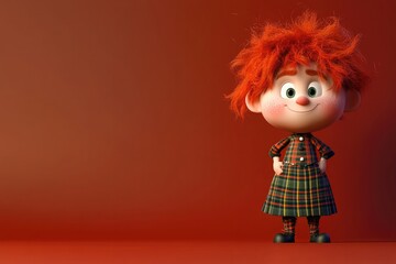 Fototapeta premium A playful cartoon girl with bright red hair and freckles, wearing a plaid dress, standing against a red background. Scottish culture