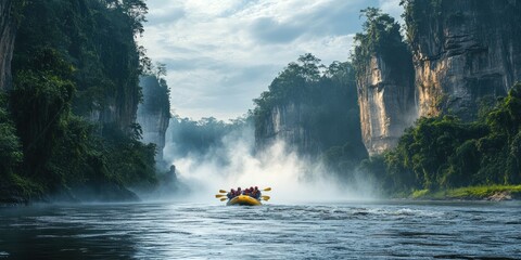 A Rafting Expedition Through a Misty Canyon