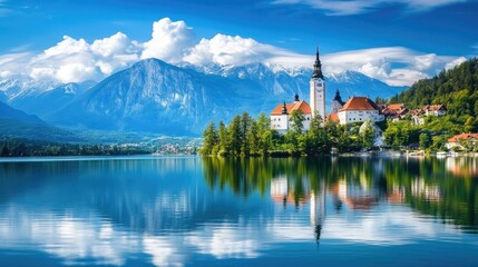 Fototapeta premium Castle by a serene lake, reflection creating a fairytale scene