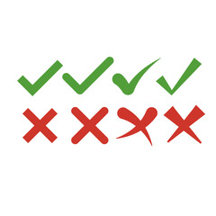 vector set of red and green marks in selection. green checkmarks for a positive answer, red crosses for a negative answer