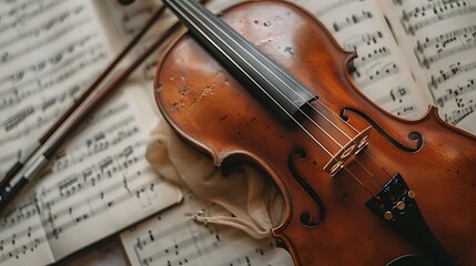 Fototapeta premium A close-up of a violin resting on a sheet of music, with a bow lying nearby.