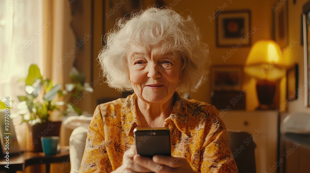 Poster elderly woman smiling while using voice commands on smartphone