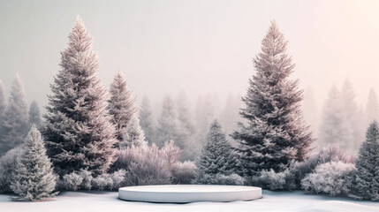 Fototapeta premium Winter landscape with trees, circular platform, podium, pedestal mock up background. Generative AI