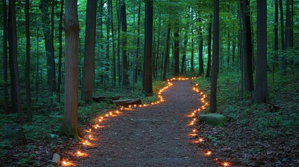Obraz premium Fairy tale forest with gentle lights illuminating path