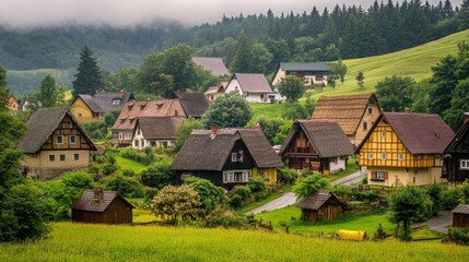 Fototapeta premium Fairy tale village with thatched roofs, nestled in lush valley