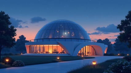 Obraz premium A large glass dome building with a glass roof and a large glass window