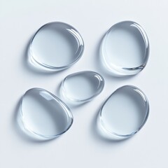 Five transparent water droplets on white background creating peaceful and minimalist aesthetic