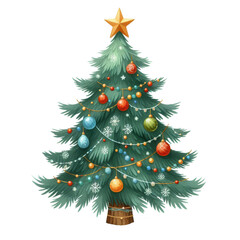 Fototapeta premium A magical Christmas tree illustration featuring red decorations, delicate string lights, and a gleaming star topper, nestled on a soft, snowy surface.