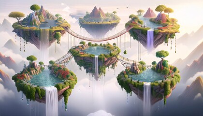 A series of fantacy playful floating verdant islands suspended in mid-air