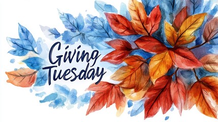 Beautiful Giving Tuesday card featuring watercolor leaves and vibrant fall colors for celebration and giving