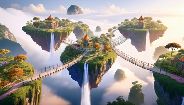 A series of fantacy playful floating verdant islands suspended in mid-air