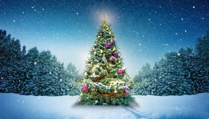 Decorated Christmas tree with winter snow background