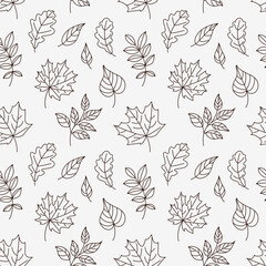 Fototapeta premium Seamless pattern with beautiful decorative leaves silhouette. Wallpaper with abstract line autumn leaves on white background. Vector stock illustration.