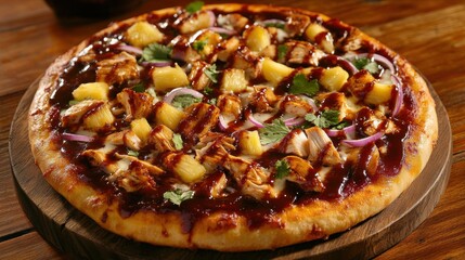 A delightful barbecue chicken pizza topped with juicy pineapple, red onions, and fresh herbs, set against a warm wooden backdrop inviting indulgence.
