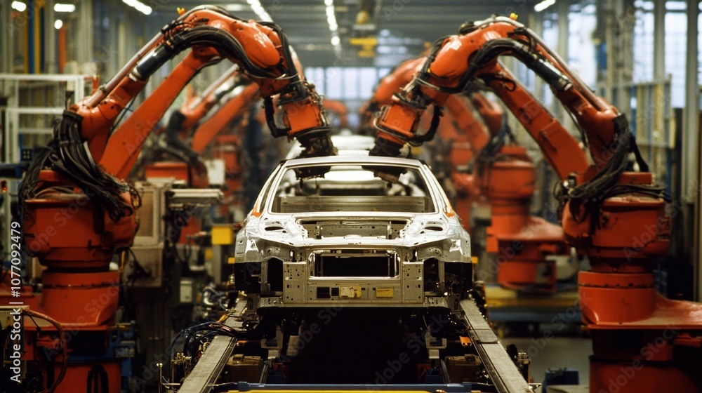 Poster futuristic automotive assembly, advanced robots efficiently assembling vehicles on a streamlined pro