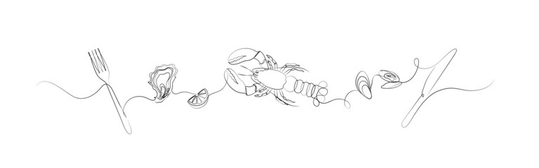 Seafood linear silhouette illustration with fork, oyster, lemon, mussel, knife drawing on white background