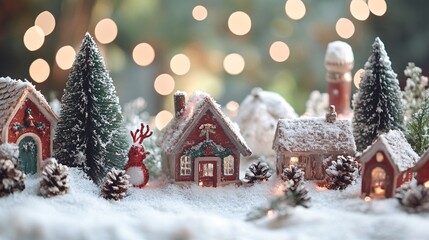 Miniature christmas village glowing in the snow with reindeer and pine cones