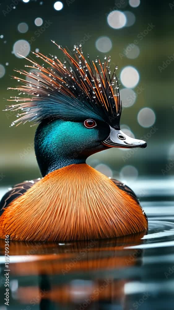 Poster a colorful duck with a spiky crest floats on a calm pond, water droplets clinging to its feathers