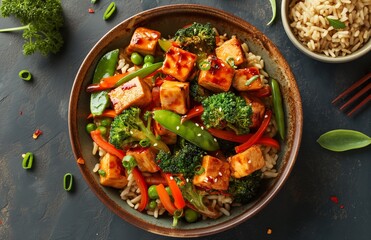 A healthy, vegan stir-fried tofu and mixed veggies served over rice.