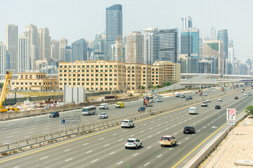 High-angle view of cars and vehicles on Skeikh Zayed Road in Dubai City, United Arab Emirates.