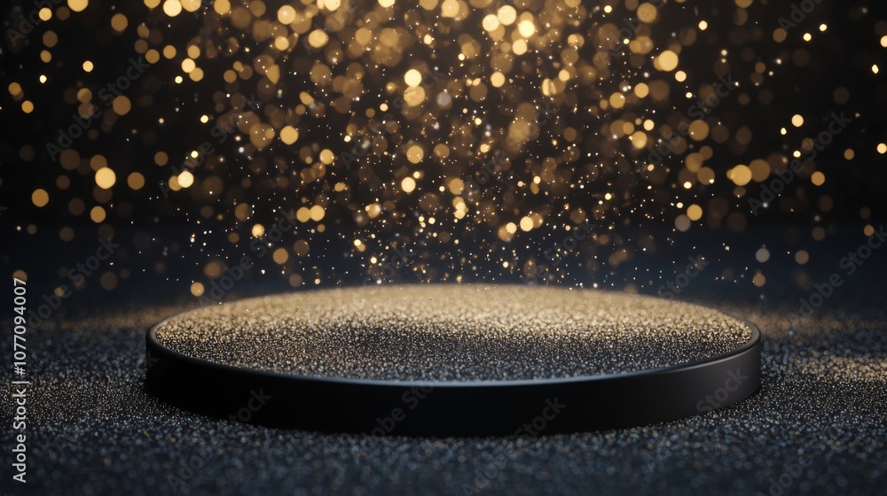 Poster golden particles sparkle above a dark, textured surface, creating a magical, dreamlike atmosphere re