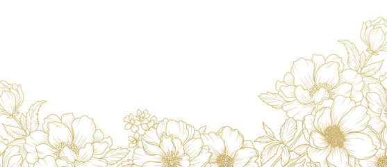 Abstract floral background with golden line art of flowers and leaves. Luxury hand drawn frame, border. Vector illustration for design of card, banner, invitation, advertising and packaging