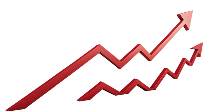 Red zigzag arrow pointing upwards isolated on white background as transparent. PNG. AI GENERATED.. Indicating growth and positive progress