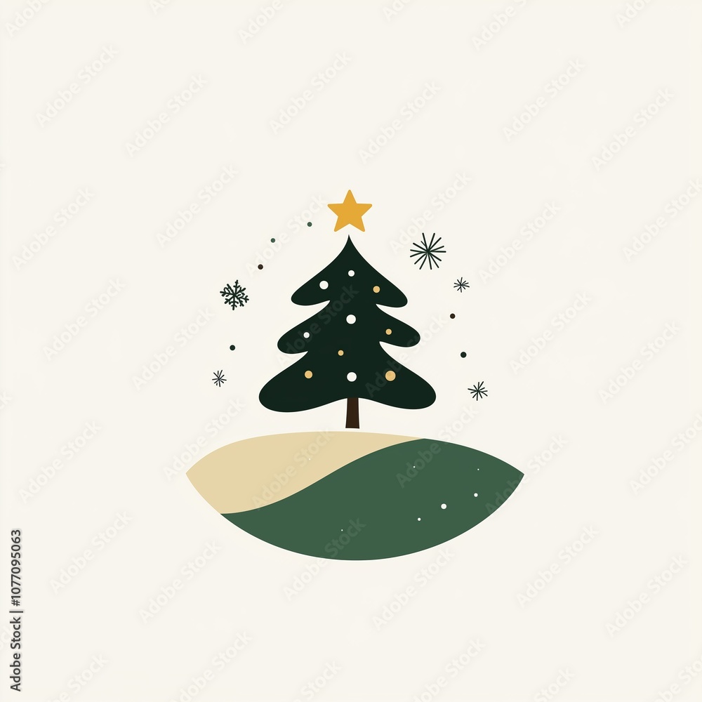 Poster simple shapes and lines of a christmas tree on top of a hill with snowflakes around it.