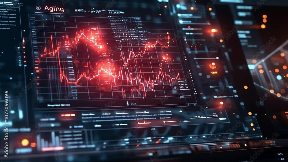 Poster a digital display of aging data with visualization graphs in a futuristic interface at night