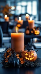 Office Space Featuring Minimal Halloween Decorations with Elegant Candle Arrangements and Dark Tones.