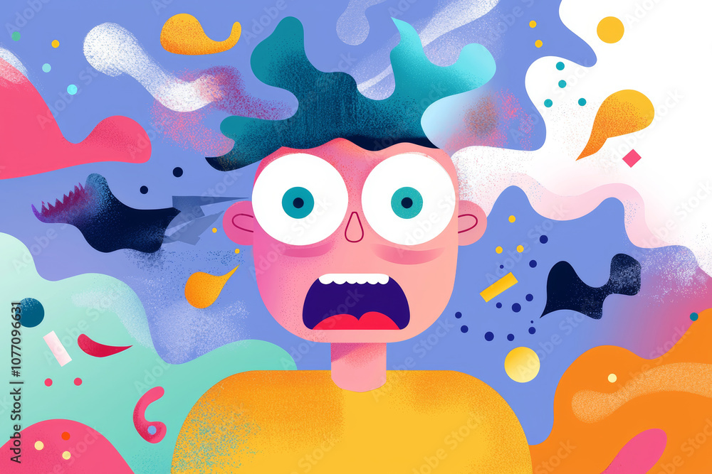 Poster a colorful, surreal illustration of a shocked person with expressive eyes amid swirling vibrant patt