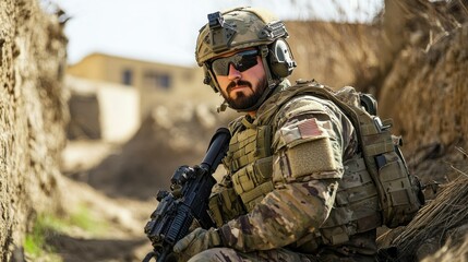 Fototapeta premium Special forces soldier in full uniform poses in studio background wallpaper AI generated image