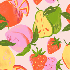 Seamless pattern of vibrant fruit illustrations featuring strawberries, lemons, peaches, oranges, and pears. Fun, colorful design with summer vibes
