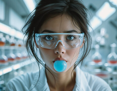 portrait of a scientist woman with a blue bubblegum