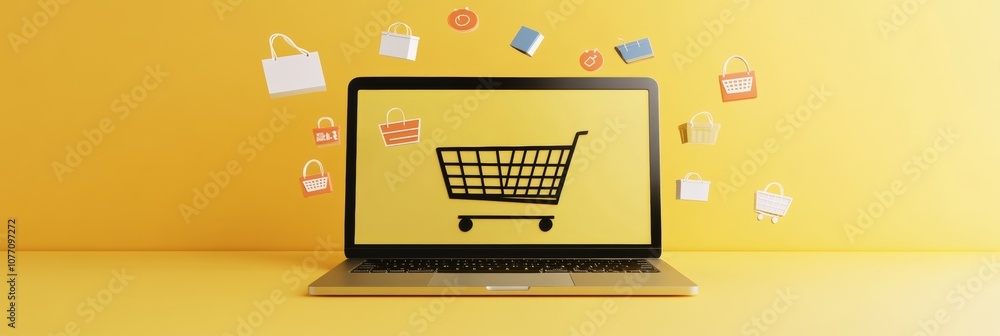 Poster laptop displaying shopping cart icon with various shopping bags floating around, representing online