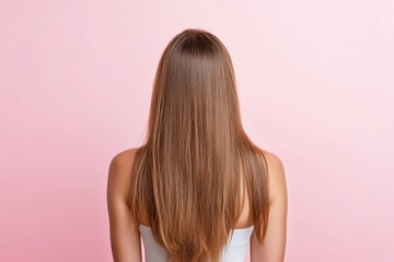 Naklejka premium A young woman with long, straight hair standing against a soft pink background