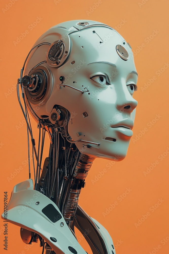 Poster futuristic female robot showing artificial intelligence on orange background