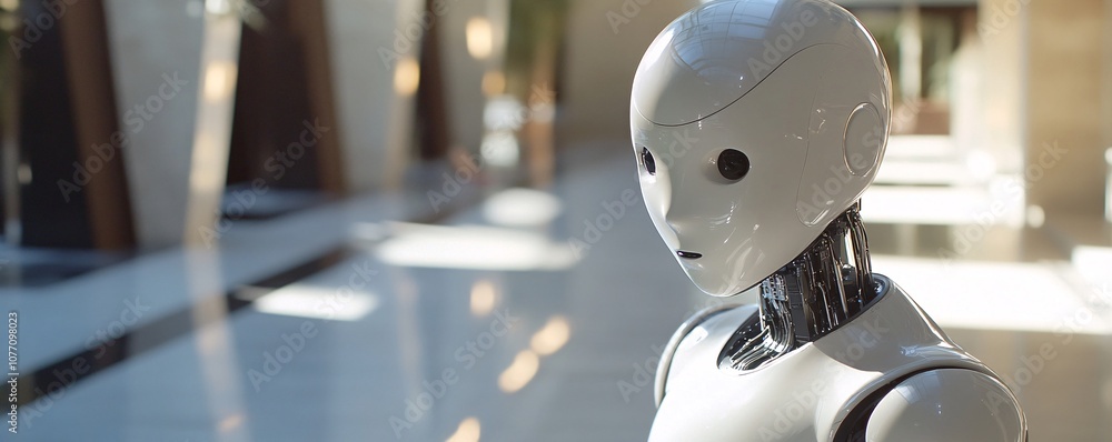 Poster humanoid robot exploring modern building interior: artificial intelligence concept