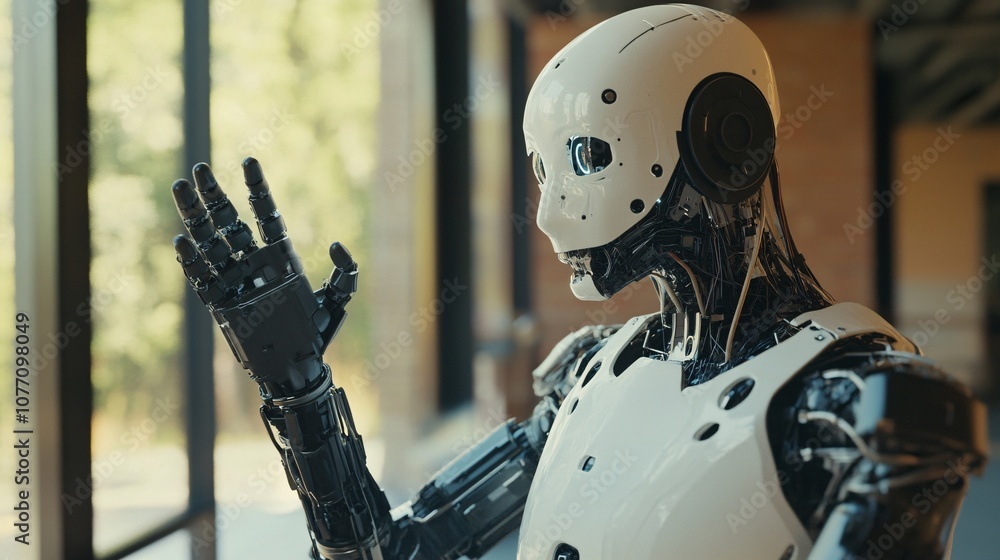 Fototapete futuristic humanoid robot showing hand, artificial intelligence, robotics technology