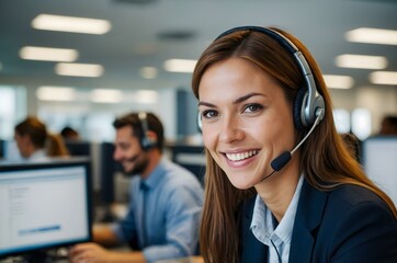 Friendly brunette in a corporate office, wearing a headset, actively engages with customers, providing communication support and promoting customer satisfaction.