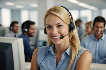 Friendly businesswoman with a headset, seated in a professional office setting, manages client communications with a smile, ensuring customer satisfaction.