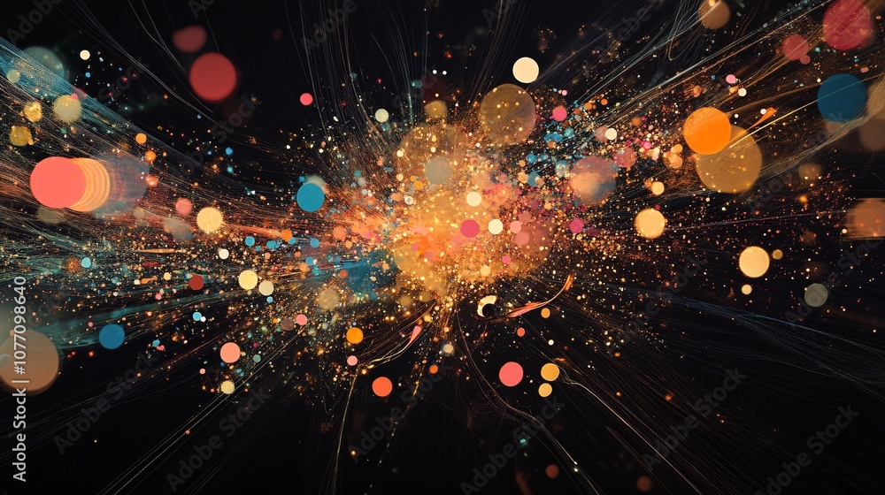 Poster colorful bokeh lights exploding in the dark creating festive atmosphere